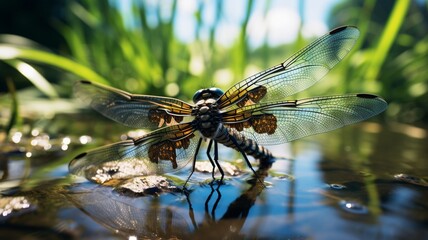 The intricate details of a dragonfly hovering over a pond in a botanical garden -Generative Ai