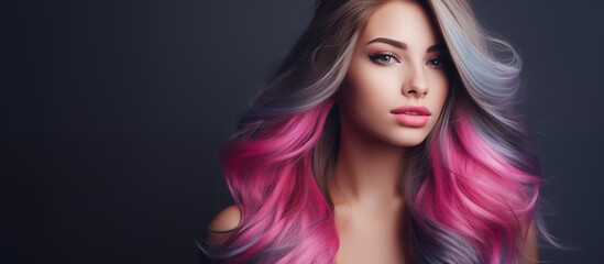 Fototapeta premium A gorgeous woman's hair is dyed in a Ombre style, in the style of anthracite, gradient, on gray background. 