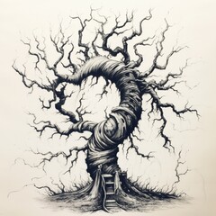 a biro drawing portraying the outline of an abstract, twisted tree - Generative AI