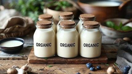 Fermented products and a bottle of milk with cottage cheese on the background of a wooden countertop and a counter with the inscription "Organic". Concept: eco healthy food for diet menu.
