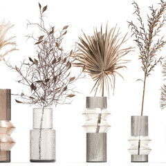 Fototapeta premium Collection of minimalist bouquets of dried flowers pampas vase isolated on white background 