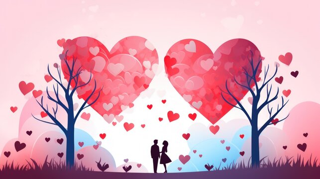 Happy valentine day. Couple and heart shaped with pink trees.