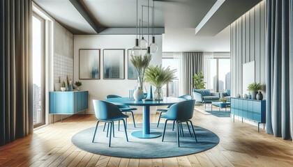 interior design of a dining room with a blue table and chairs in a modern and bright flat. The scene should highlight