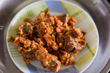 Traditional homemade Mutton curry Asian cuisine Chukhandar gosht Spicy meat beef lamb curry mutton roast Indian spices. side dish Ghee rice, Appam, Puttu Delhi Rajasthan Kerala India Sri Lankan