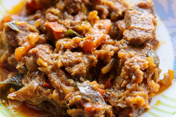 Traditional homemade Mutton curry Asian cuisine Chukhandar gosht Spicy meat beef lamb curry mutton roast Indian spices. side dish Ghee rice, Appam, Puttu Delhi Rajasthan Kerala India Sri Lankan