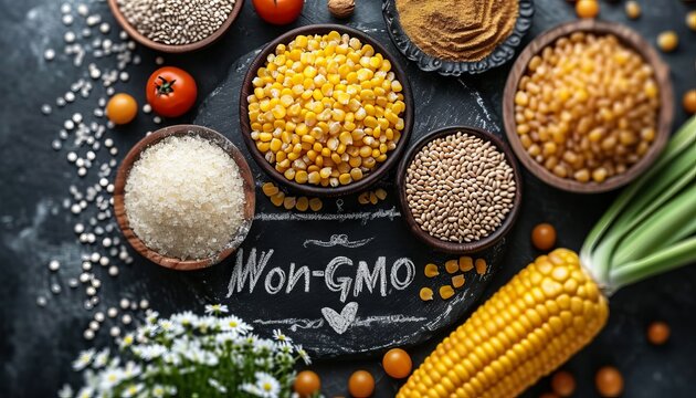 Cereals and the inscription &ldquo;No GMO&rdquo;. Close-up. Concept: healthy eating and natural products.