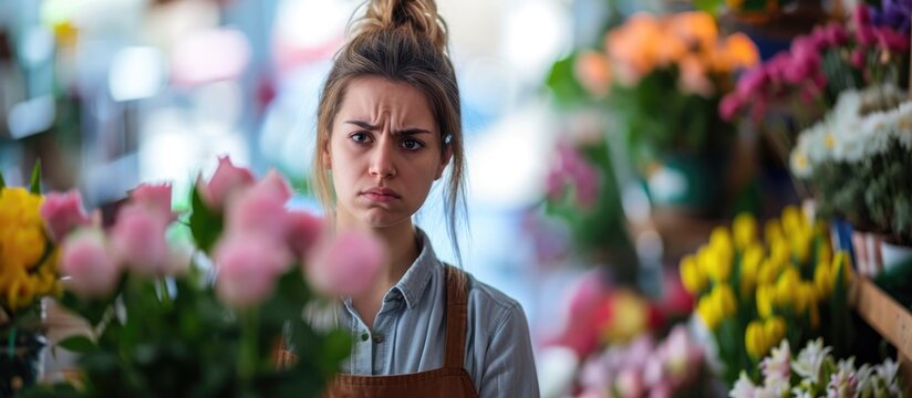 Upset white woman at florist, skeptical and nervous due to a problem, frowning and negative.