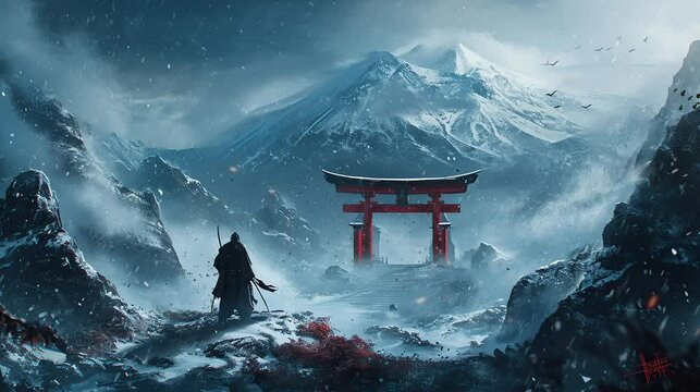 a samurai knight who fights his way through a torii gate on a snowy mountain. seamless looping time-lapse virtual video Animation Background.