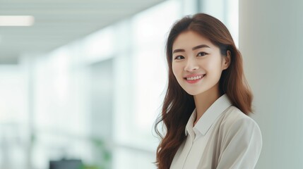 Fototapeta premium Beautiful young Japanese woman in the office and smiling. Portrait of a successful happy business women 