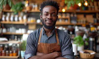 Handsome Black African Barista with Short Hair and Beard Wearing Apron is Smiling in Coffee Shop Restaurant.