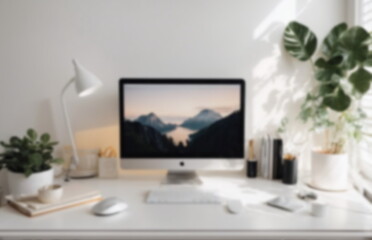 Home workspace blurred with front view of laptop. Modern scandinavian interior with desk for a home office . Minimalist design.