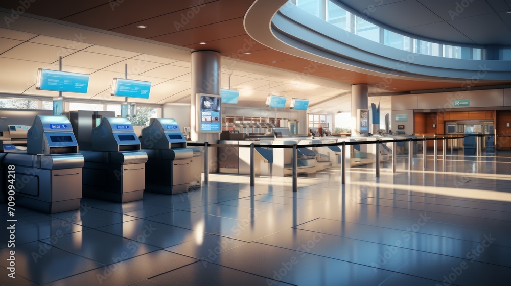 Poster Deserted Airport Check-In Counters ::1 image illustrating empty check-in counters, unstaffed kiosks, and unused baggage drop-off areas --ar 16:9 --stylize 250 --v 5.2 Job ID: 86993917-3056-49bc-a0ce-f