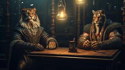 The legal system's hammer and injustice's scales The judges with tiger skins are seated in the hypothetical law office