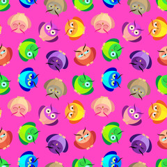Beautiful bright multi-colored owls on a pink background. Print, seamless pattern, vector illustration
