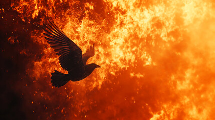 Fototapeta premium Silhouette of a dove against the background of fire.