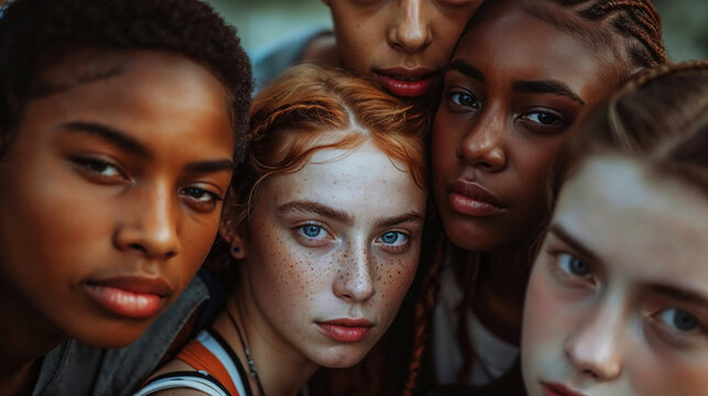 Portrait of group of multiethnic young people standing together and looking at camera.
