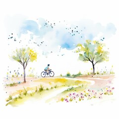 Aquarell eines Frühlingsausflugs mit dem Fahrrad durch eine farbenfrohe Landschaft Illustration