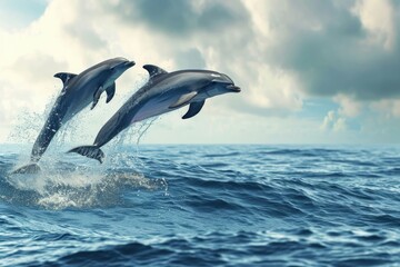Herd of dolphins leap or jump from water of sea surface 