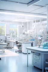 Spacious and well-equipped scientific medical investigation laboratory room with a sleek modern design, featuring workstations and medical equipment