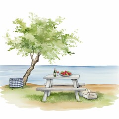 Aquarell einer Idyllischen Picknickszene am Seeufer Illustration