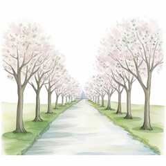 Aquarell einer romantischen Allee mit blühenden Bäumen Illustration