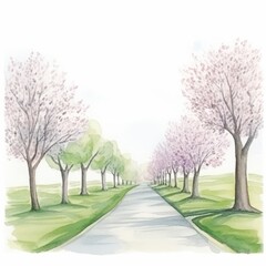 Aquarell einer romantischen Allee mit blühenden Bäumen Illustration