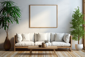 Elevate your living space with the beauty of simplicity. See an empty frame in a simple living room mockup, offering a versatile canvas for your artistic expression.