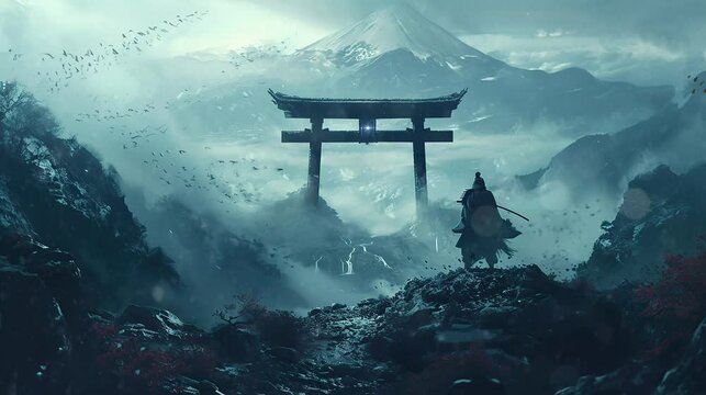 a samurai knight who fought his way through the Japanese torii gate. seamless looping time-lapse virtual video Animation Background.