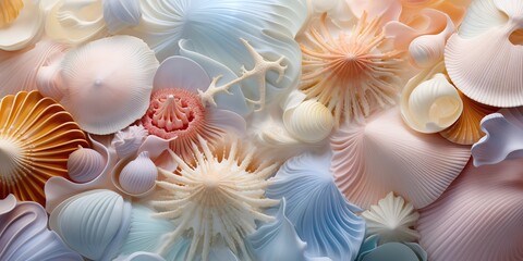A collection of shells in various beautiful pastel colors. generative AI