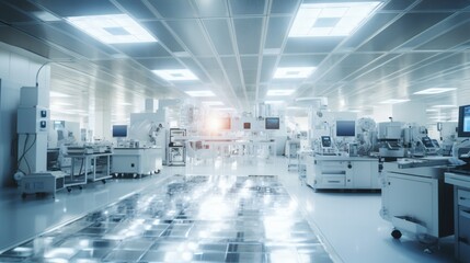 Within a well-lit, state-of-the-art semiconductor production fabrication cleanroom equipped with an overhead wafer transfer system