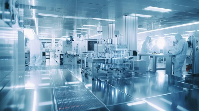 Within a well-lit, state-of-the-art semiconductor production fabrication cleanroom equipped with an overhead wafer transfer system