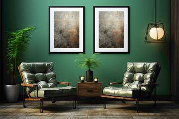 Elevate your space with two chairs in a serene combination of green and charcoal grey, placed against a blank wall. 