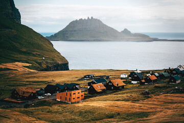 view of the village at the Faroe islands on a summer day