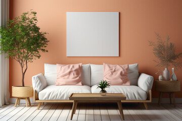 A cozy and inviting living room mockup showcasing solid colorful decor and an empty frame, creating a warm and welcoming background for your creative copy.