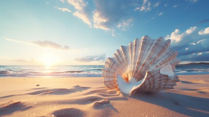 The mesmerizing details of a seashell on a sandy beach, shaped by the ocean's touch -Generative Ai