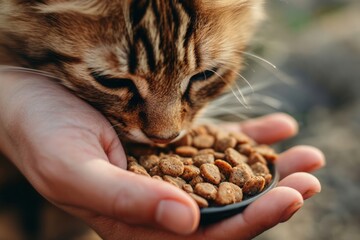 A person feeds a cat with dry food from his hand