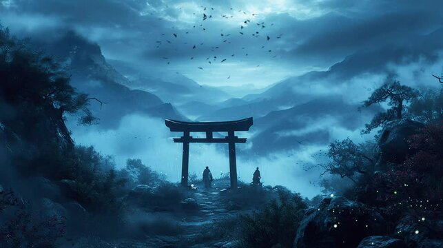 a knight in the middle of a torii gate above the mountains, with a snowy atmosphere. seamless looping time-lapse virtual video Animation Background.