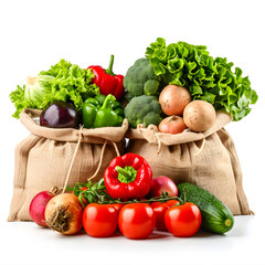 Fresh vegetables in reusable grocery bags isolated on white background, photo, png
