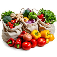 Fresh vegetables in reusable grocery bags isolated on white background, photo, png
