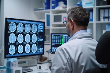 A doctor monitoring on x-ray radiology of human brain 