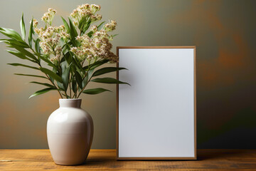 Embrace the simplicity of a blank canvas in your living space. Envision an empty frame in a simple mockup, ready to be adorned with your creative ideas in a tranquil and minimalist environment.