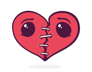 Broken heart with sad eyes and Seam. Valentines Day symbol. Vector illustration. Hand drawn cartoon clip art with outline. Isolated on white background