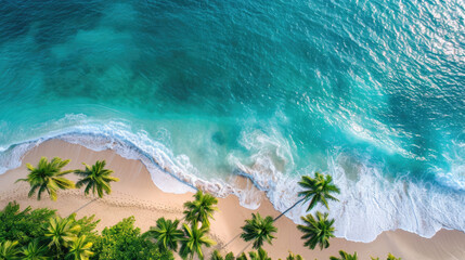 Aerial view of palms on the sandy beach of Indian Ocean at sunset. Summer in Zanzibar, Africa.  - Powered by Adobe