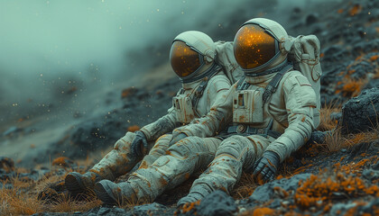 Two Astronauts visiting a new planet for life in the galaxy. Concept of astronomy, space - obrazy, fototapety, plakaty