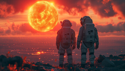Two Astronauts visiting a new planet for life in the sparkle galaxy burning planet in the...