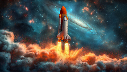 Rocket flies up to the galaxy, leaving fire and smoke on the ground. Concept of astronomy, space - obrazy, fototapety, plakaty