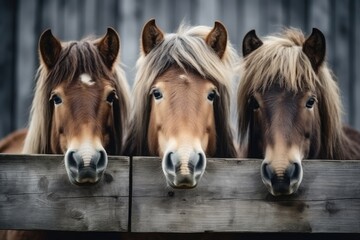 horses peeking out of the stable, view just head 