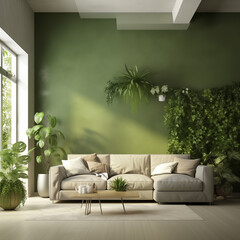 Modern Living Room Interior With Green Plants, Sofa And Green Wall Background