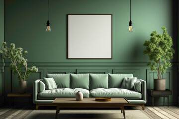 Envision a tranquil space adorned with a green sofa and a matching table, set against an empty blank frame, creating a perfect canvas for your text.