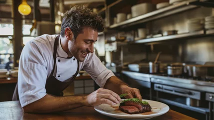 Foto auf Alu-Dibond closeup photo of chef preparing a beef steak, wearing uniform leaning over the dish, serving meat, restaurant kitchen interior on background © Favebrush